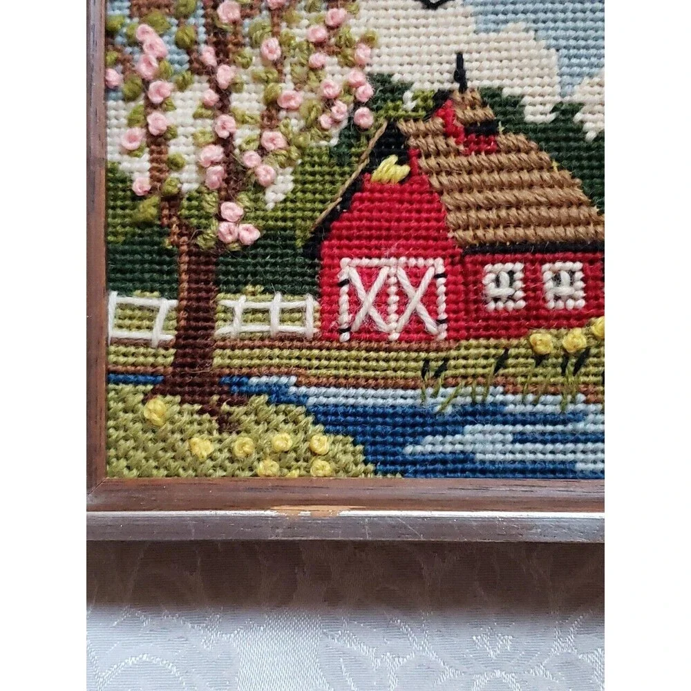 Vintage Jiffy Finished Needlepoint Spring Barn Summer Mill Set 2 Framed Square